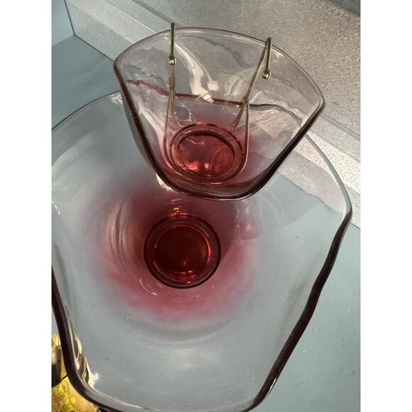 Vintage Indiana Glass Cranberry Chip & Dip Bowl Set w/ Metal Bracket Mid Century - Picture 7 of 11
